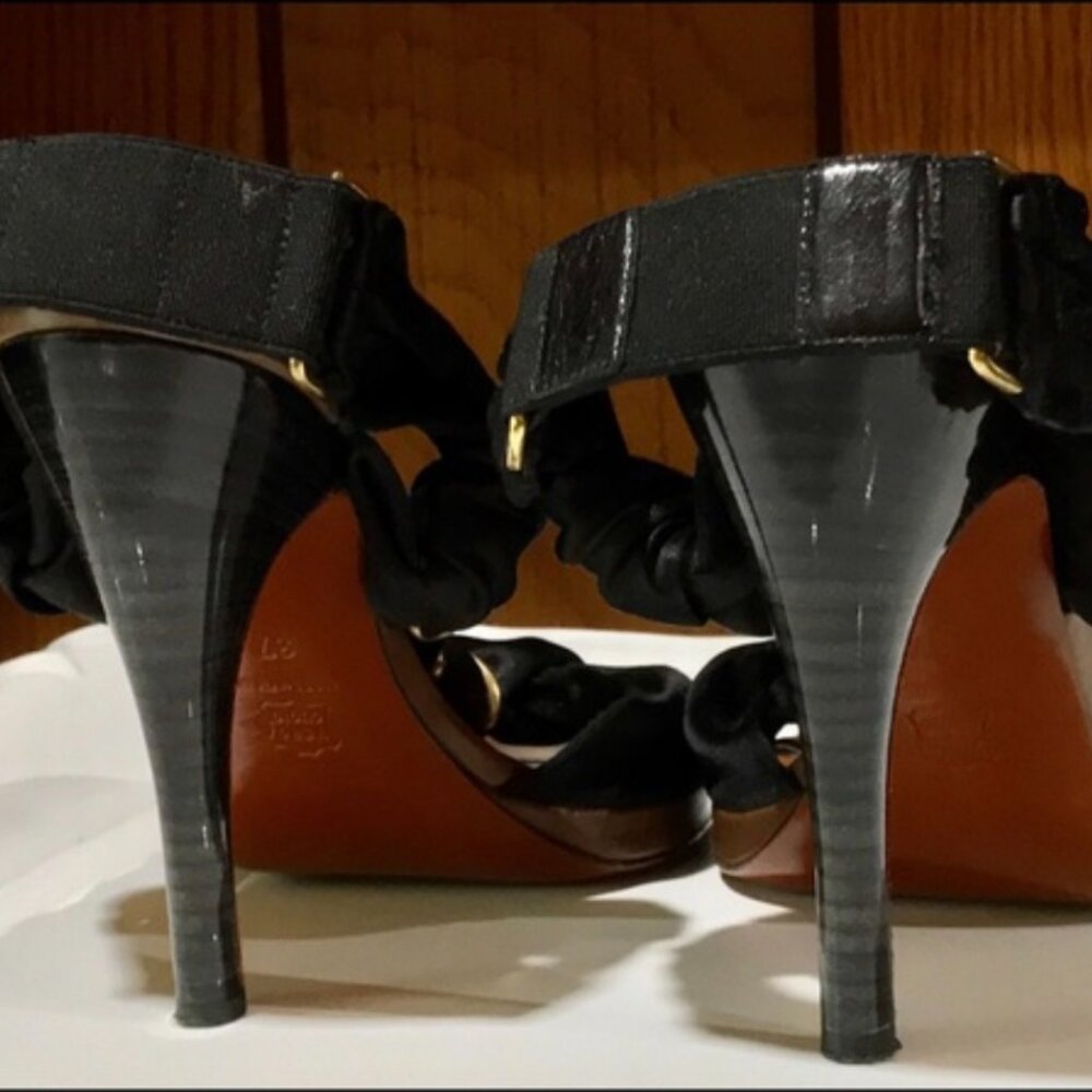⭐️HP⭐️LANVIN▪️Eté 2010 Black & Brown Braided Satin & Leather Sandal Heels - Picture 5 of 10